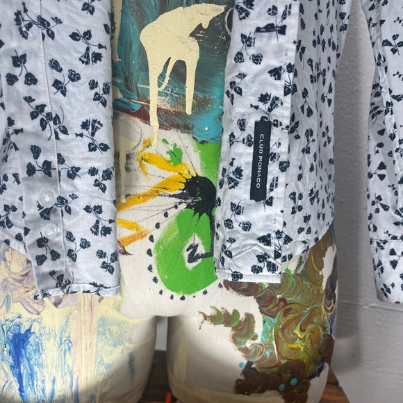 Club Monaco Navy Blue Floral Print White Long Sleeve Button Up. Slim Fit Med - Picture 6 of 12